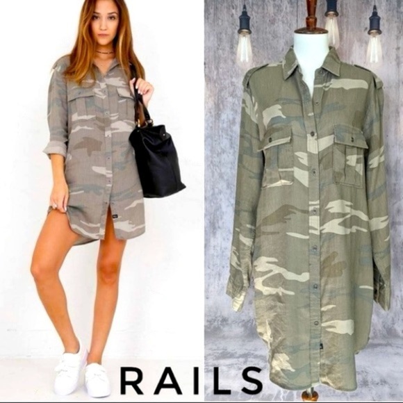 Rails Lennon Camo Linen Blend ButtonDown Shirt DressGray Long Sleeve Size M - Picture 13 of 13